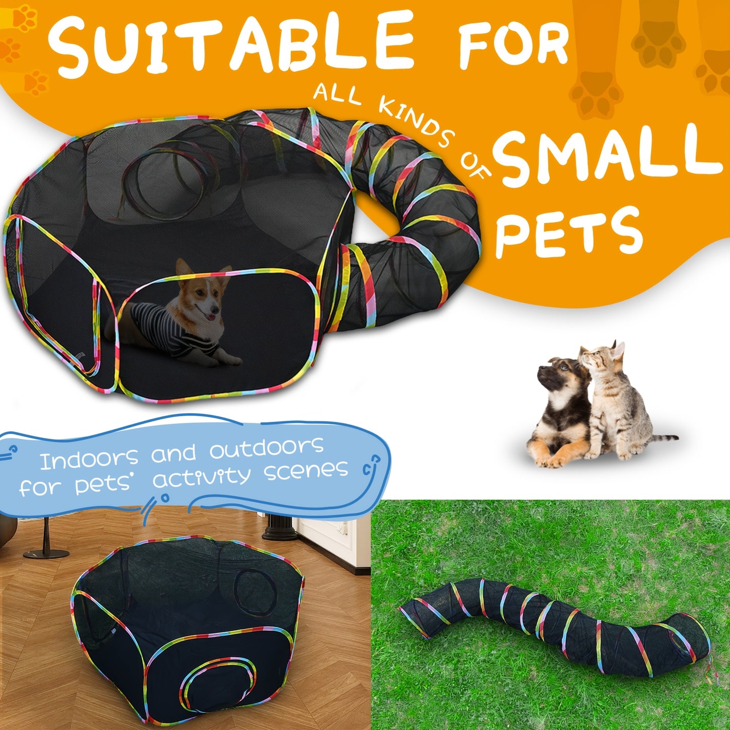 Outdoor Cat Enclosure with Play Tunnel – Portable Catio Tent & Cat Playpen for Indoor Cats, Cage-Free Outside Cat Run with Enclosed Tunnel
