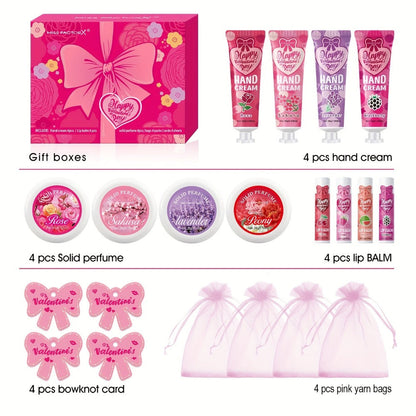20pcs Beauty Gift Set Lip Balm Hand Cream Solid Perfume Pink Gift Bag Glossy Finish All Skin for Makeup, Travel and Everyday Vanity Use