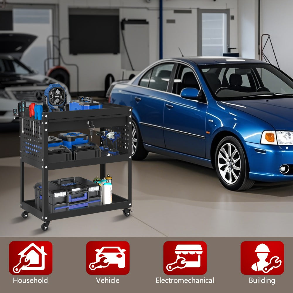 Rolling Tool Cart 3-Layer with Drawers & Screw Box Storage, Heavy-Duty Mechanic Trolley on Wheels for Garage Workshop Repair Shop