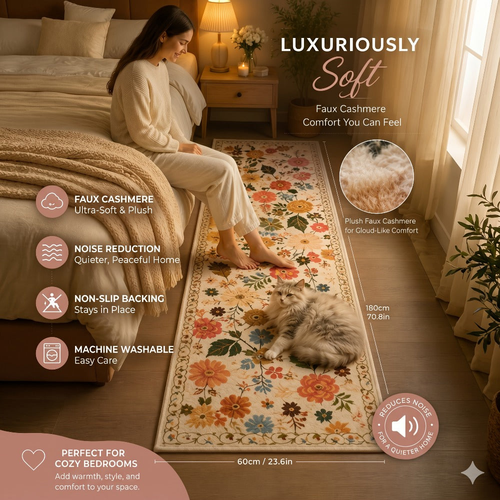 Area Rug for Bedroom, Bohemian Floral Plush Runner with Four Machine-Washable Sizes for Bedroom or Kitchen