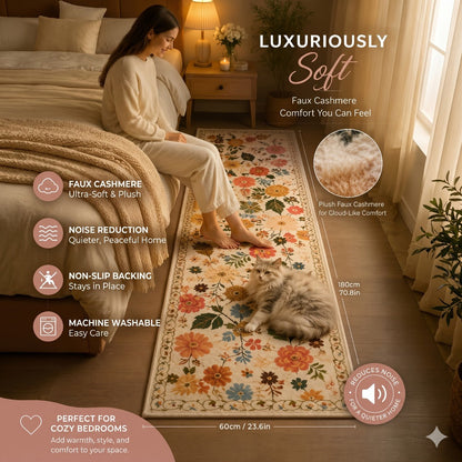 Area Rug for Bedroom, Bohemian Floral Plush Runner with Four Machine-Washable Sizes for Bedroom or Kitchen