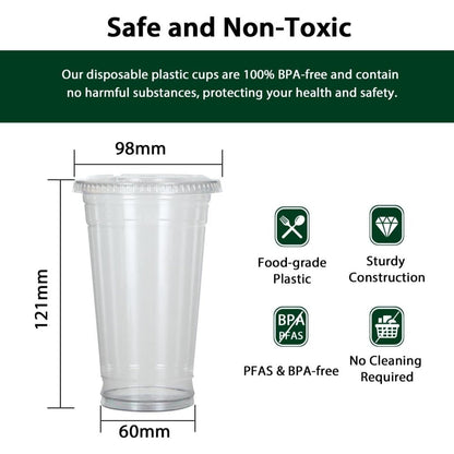 Disposable Clear Plastic Cups with Flat Lids, 16oz & 24oz PET Crystal Cold Drink Cups for Iced Coffee
