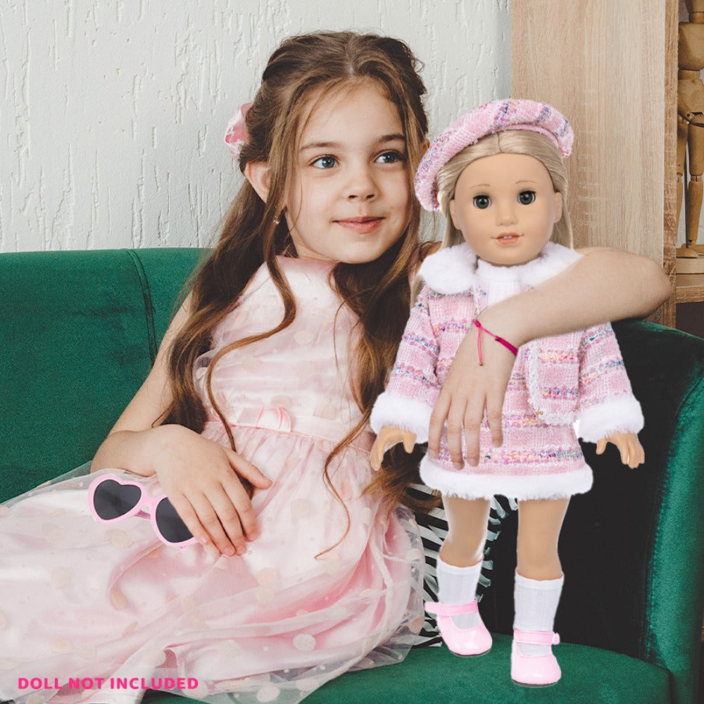 18 Inch Doll Knitted Clothes Outfit Set with Hat Jacket Skirt Shoes Socks Sunglasses Lipstick