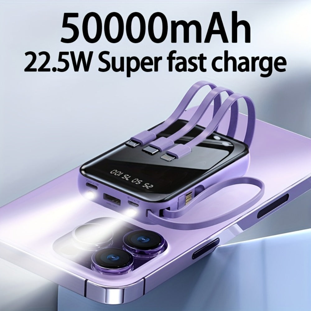Power Bank 50000mAh 22.5W with Integrated Cable Array, Digital Display and LED Flashlight in Two Colors
