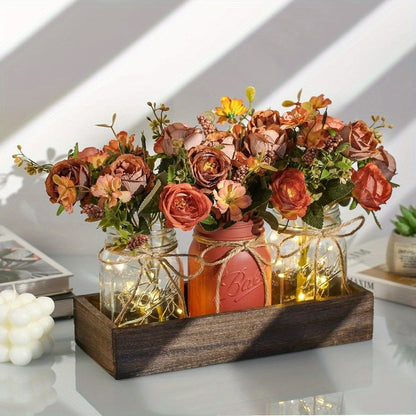 Mason Jar Centerpiece Table Decorations with Wood Tray & LED Lights, 3-Piece Farmhouse Decor Set for Dining Room