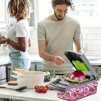 16-in-1 Vegetable Chopper Set with 8 Interchangeable Blades, Manual Food Chopper with Container, Peeler & Filter for Onion