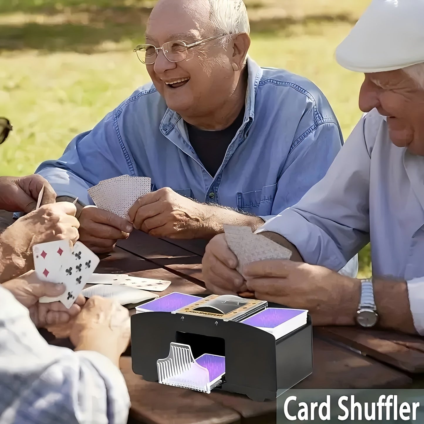 Automatic Playing Card Shuffler for 2, 4 or 6 Decks with One-Button Battery Operation and Transparent Card Chambers