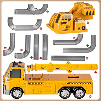3-in-1 Crane Excavator & Racing Track Toy Set for Kids Ages 3+, Construction Vehicle Playset with Lights & Sounds