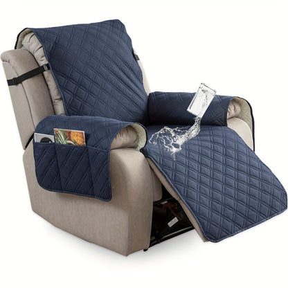 Quilted One-Piece Recliner Chair Cover with Side Pockets, Back Buckle Strap and 11 Color Options