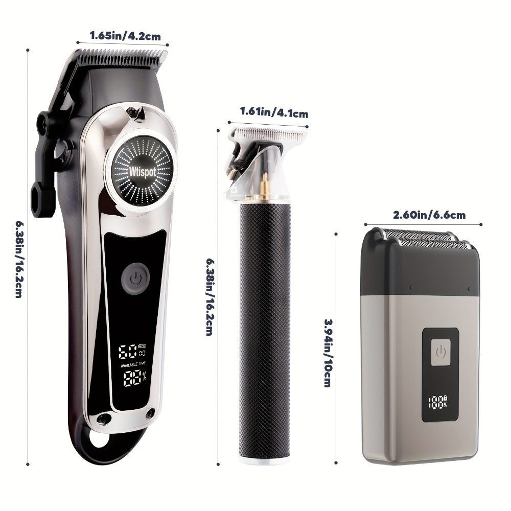 Hair Clipper Whistpot Single or Three-Piece Grooming Kit with USB Charging, Displays and Four Source Options