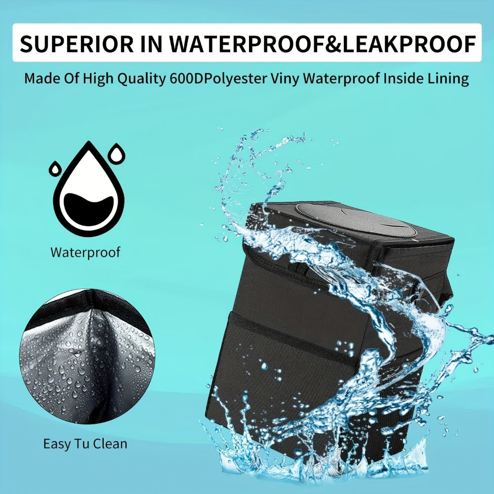 Collapsible Hanging Car Trash Bag with Lid, Side Storage Pockets, Black Finish and 25 × 16 × 15 cm Size