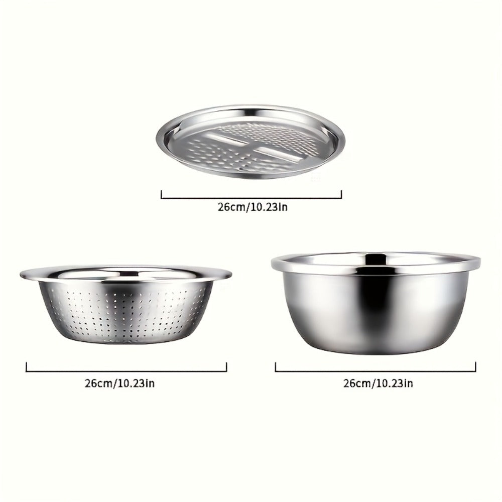 Stainless Steel Kitchen Tool Set 3pcs, Built-In Grinder, Colander Filter & Mixing Bowl for Washing