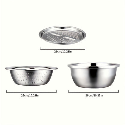 Stainless Steel Kitchen Tool Set 3pcs, Built-In Grinder, Colander Filter & Mixing Bowl for Washing