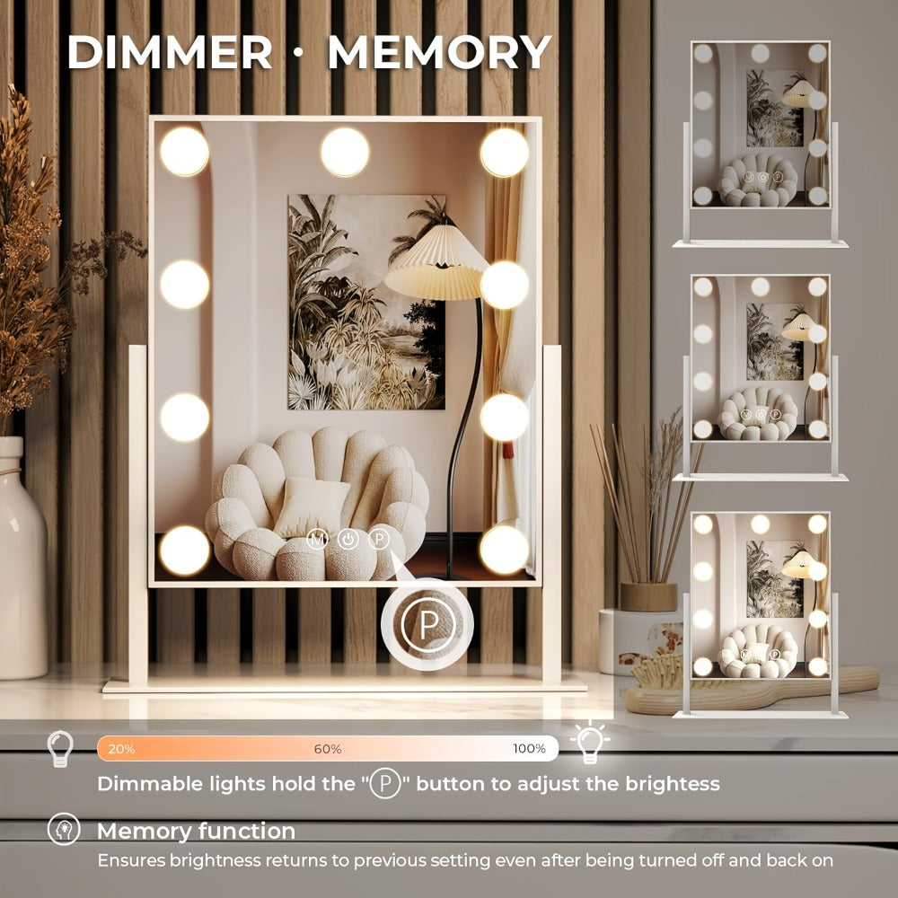 Makeup Mirror with Nine Bulb-Style LEDs, Three Light Colors, Touch Memory, 360° Rotation and Optional 5X Mirror