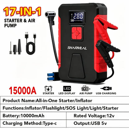 Portable Jump Starter with Air Compressor – 15000A-19000A Peak 350PSI 12V 17-in-1 Car Battery Jump Starter, Digital Display