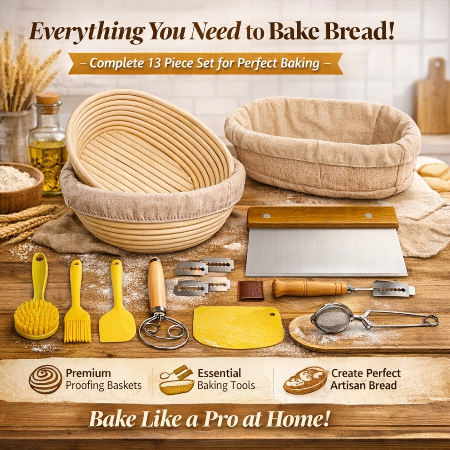 Sourdough Bread Proofing Basket Set 9 & 10 Inch – Banneton Bread Basket Kit with Danish Dough Whisk, Bread Lame, Dough Scrapers