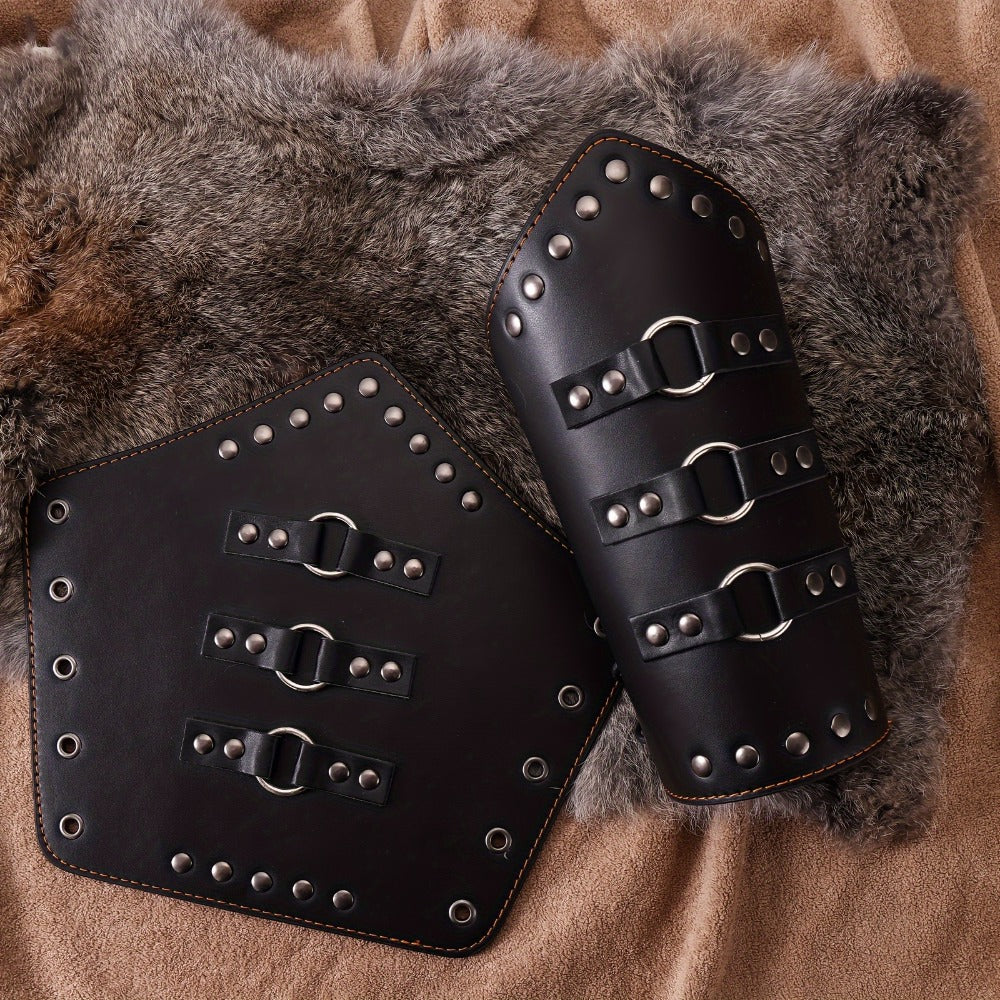 Medieval Arm Bracers 2pcs PU Leather Gauntlet Wristbands for Men, Renaissance Knight Warrior Viking Cosplay Costume Prop for Halloween LARP