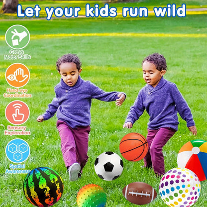 Kids Playground Ball Set 7-Pack with Air Pump, 10.6 Inch Outdoor Ball Plus 6-Inch Basketball Football Rugby