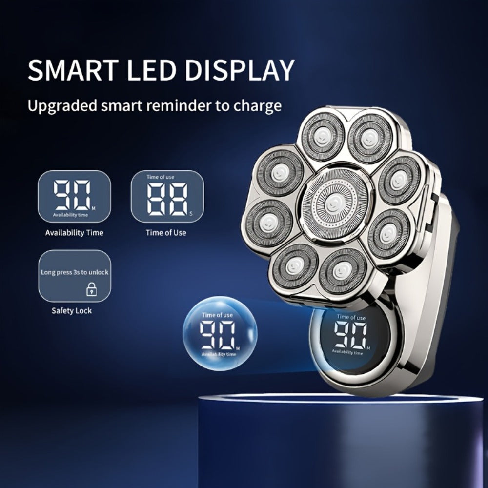 Nine-Head Rotary Electric Shaver Kit with Four Grooming Attachments, LED Display and Silver Finish
