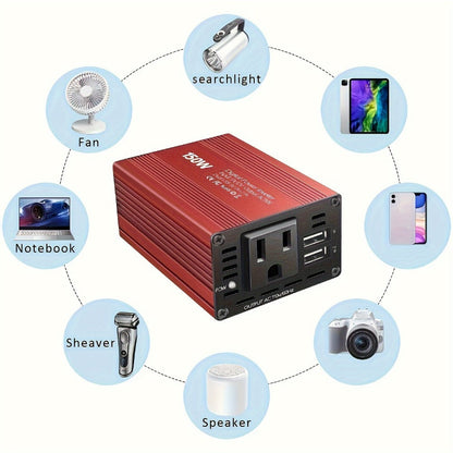 Red 150W Car Power Inverter with 12V DC Plug, 110V AC Outlet and Two USB-A Charging Ports for Vehicles