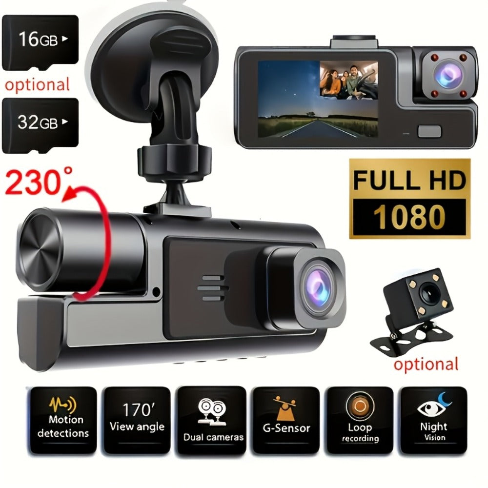 1080P-Labeled Dash Camera with Dual- or Triple-Lens Options, WiFi and 16GB, 32GB or No-Card Bundles