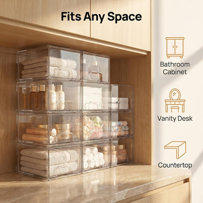 Clear Stackable Storage Drawers 8 Pack – Acrylic Bathroom Organizer Bins with Pull-Out Handle, BPA-Free Plastic Makeup Storage for Vanity