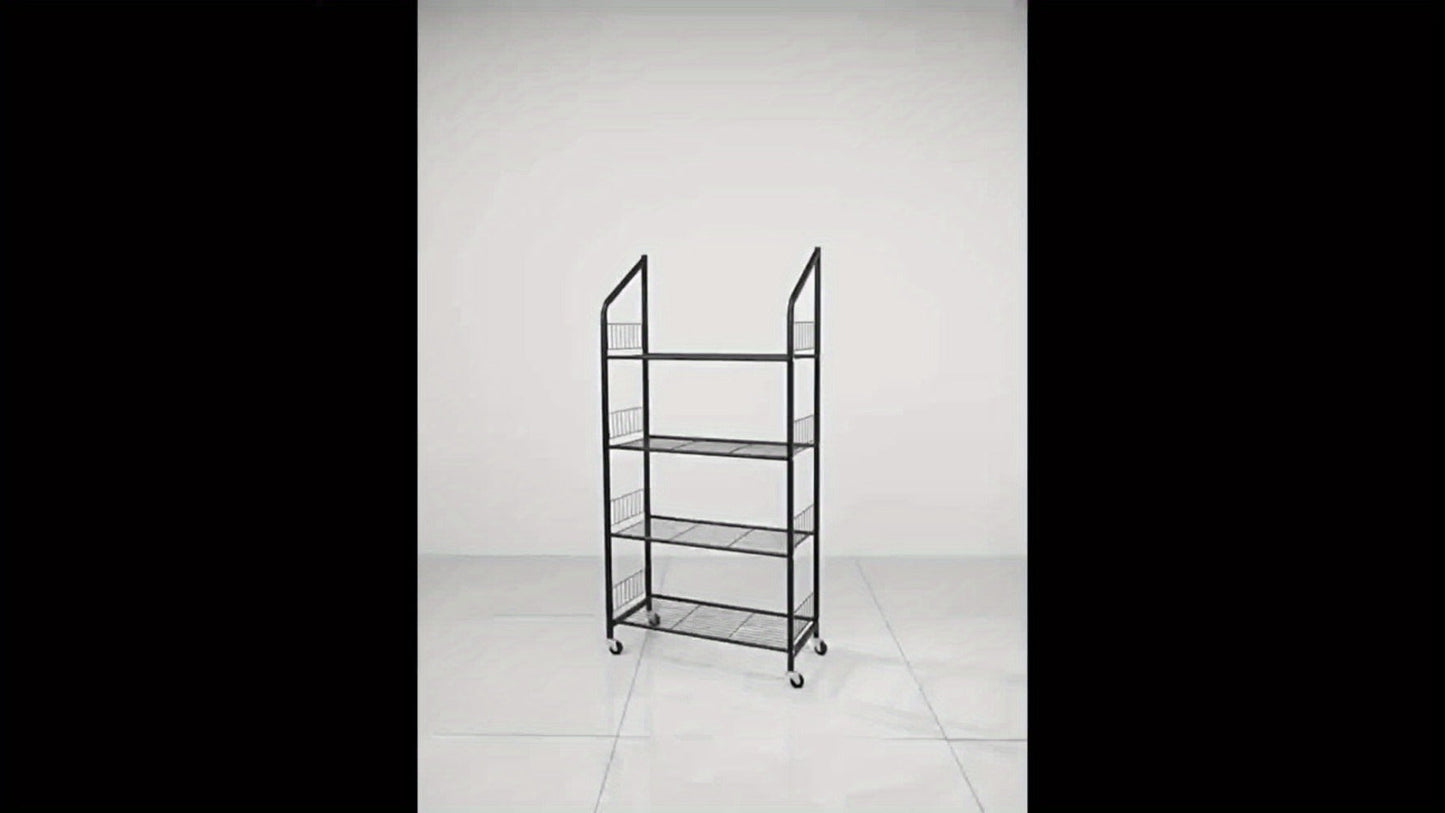 4-Tier Metal Display Rack with Wheels – Rolling Floor Shelf for Kitchen, Store & Home Storage Organization