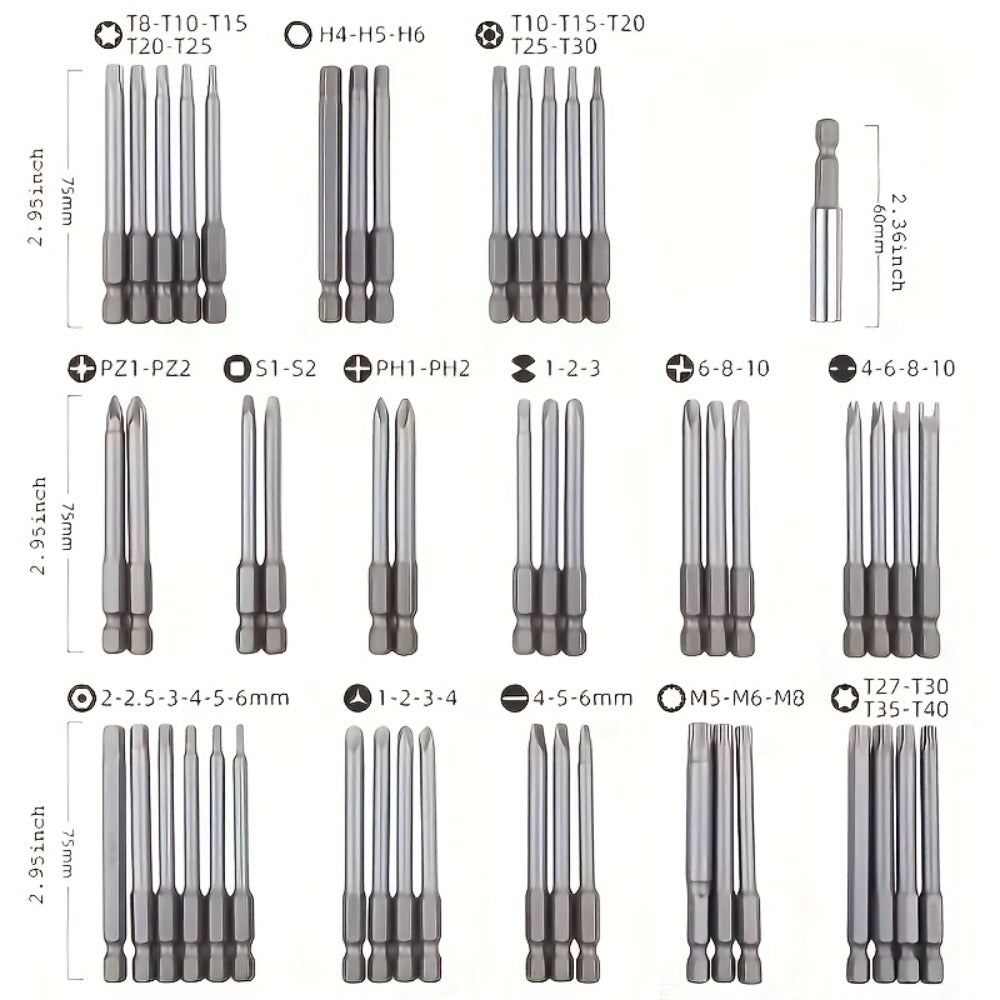 Magnetic Screwdriver Bits Set 50pcs – 75mm Extended Security Bits, 1/4" Hex Shank, Torx Star Hex Spline, for Power Drills & Hand