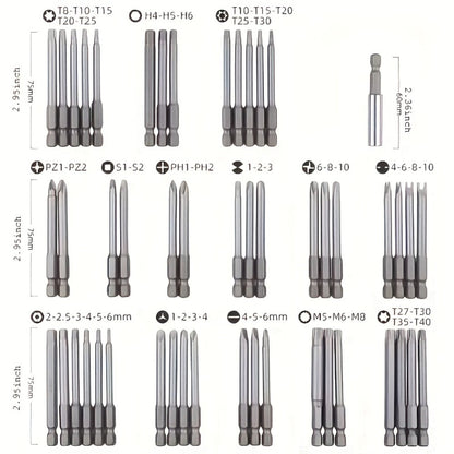 Magnetic Screwdriver Bits Set 50pcs – 75mm Extended Security Bits, 1/4" Hex Shank, Torx Star Hex Spline, for Power Drills & Hand
