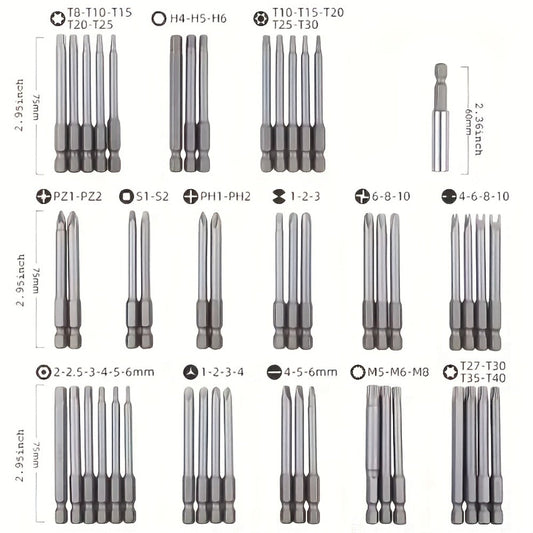 Magnetic Screwdriver Bits Set 50pcs – 75mm Extended Security Bits, 1/4" Hex Shank, Torx Star Hex Spline, for Power Drills & Hand