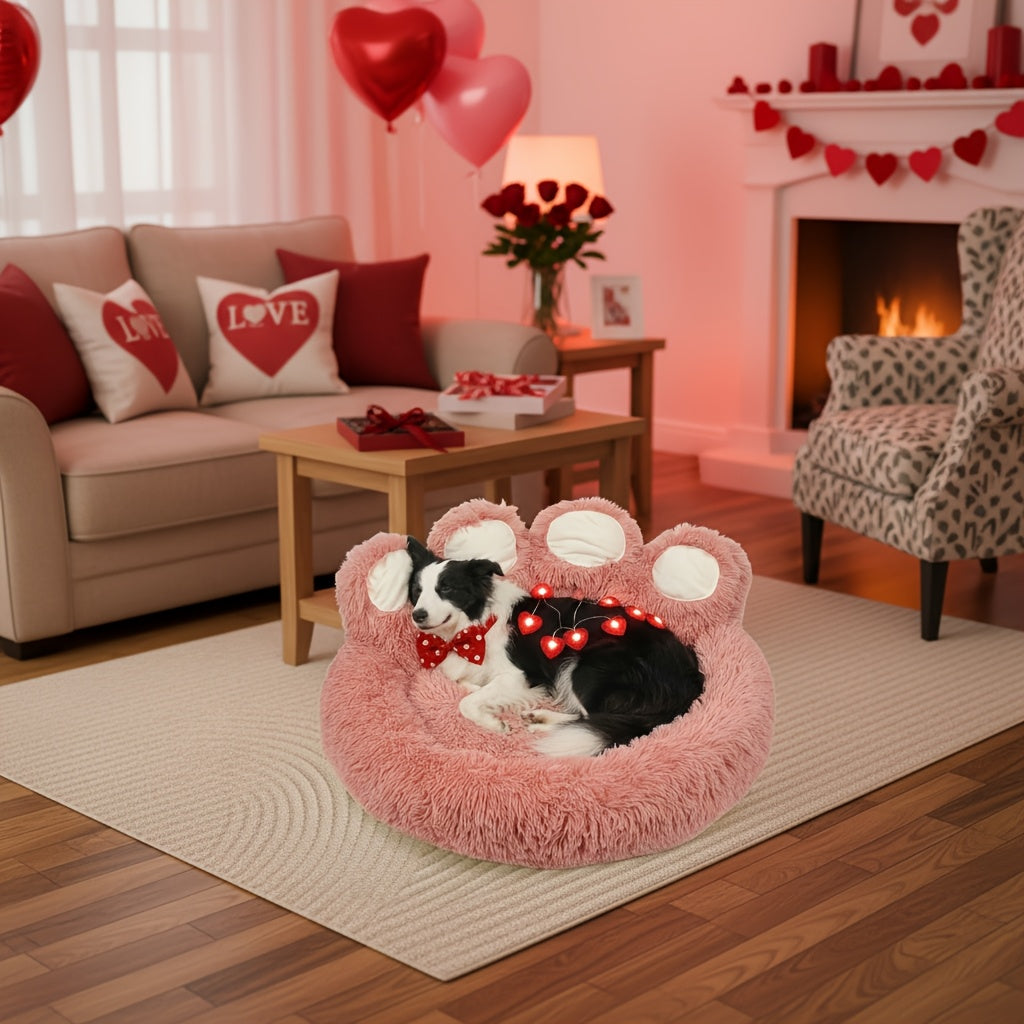 Dog Bed Cat Bed Bear Paw Shaped Donut – Calming Round Plush Pet Mattress, Warm & Soft Cuddler Bed for Dogs and Cats, Includes Pet Scarf