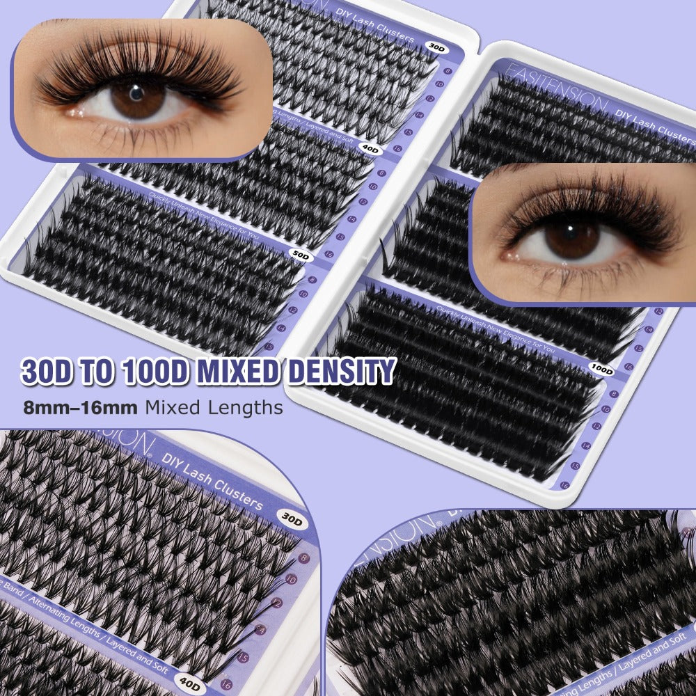Premade Lash Clusters 708Pcs Mixed Length 30D 50D 80D 100D Wispy Volume Kit – Natural Fluffy DIY Lash Extensions with Bond Seal & Applicator