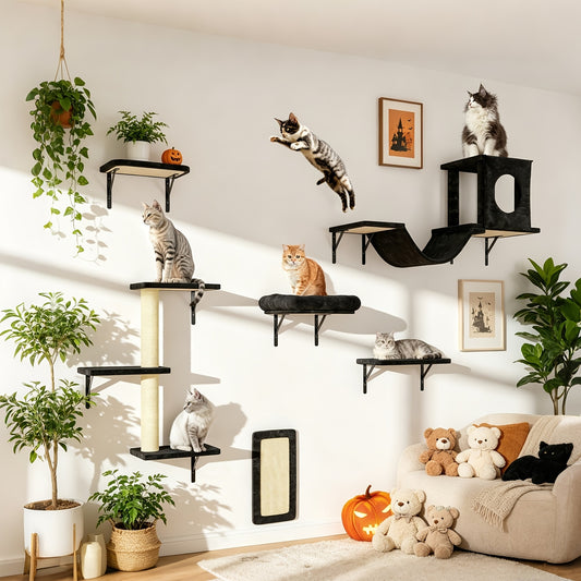 Cat Wall Shelf Climbing Set – 7-Piece Deluxe Wall Mounted Cat Furniture with Condo, Scratching Post, Bridge