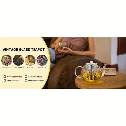 Vintage Glass Teapot 50oz 1500ml with Removable Infuser Stovetop Safe Borosilicate Tea Kettle for Entryways, Bedrooms and Living Spaces