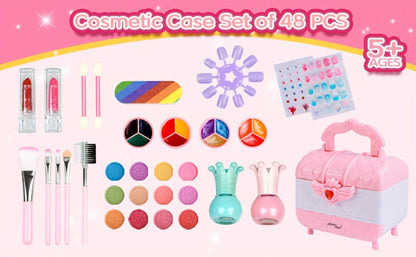 Kids Makeup Kit for Girls Ages 5-12, 48PCS Princess Pretend Play Cosmetics Set, Eyeshadow, Blush