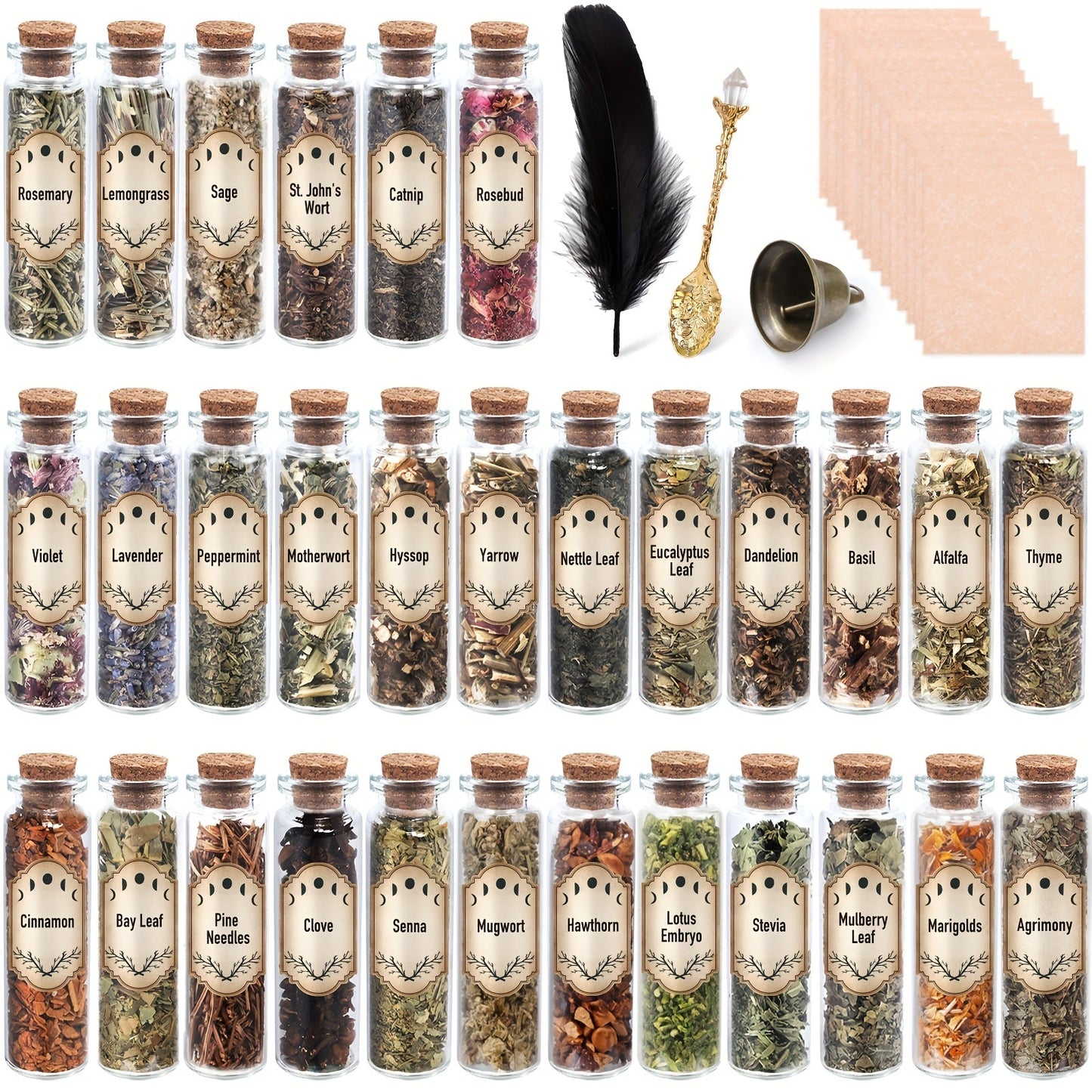 43-Piece Dried Herbs & Flowers Witch Ritual Kit, Sachet Supplies Set with Crystal Spoon, Black Feather & Bell for Pagan Spells