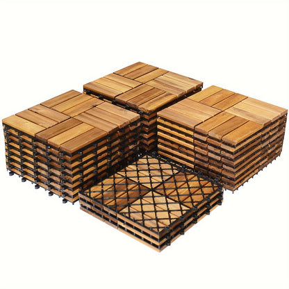 Interlocking Acacia Wood Deck Tiles 27-Pack – 12x12 Inch Oil-Finished Slat Tiles, Covers 27 Sq Ft, Tool-Free Install, for Patio, Balcony