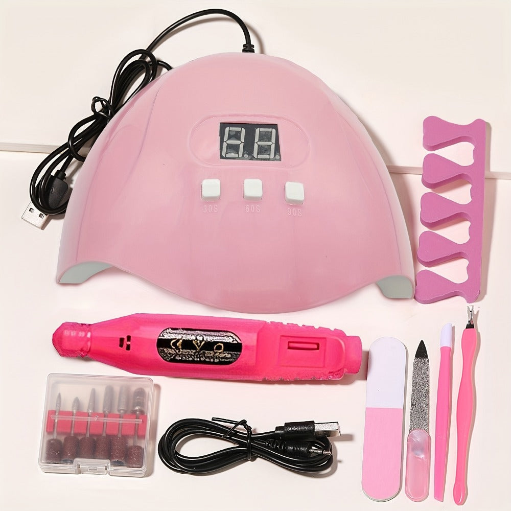 Nail Art Tool Set 7-in-1 Complete Professional Manicure Kit with UV Nail Lamp, Glue Dryer, Nail Polisher
