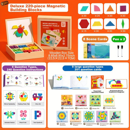 Magnetic Wooden Puzzle Blocks 128 180 220 Piece Set, Geometric Figures Cognitive Learning STEM Toy for Kids