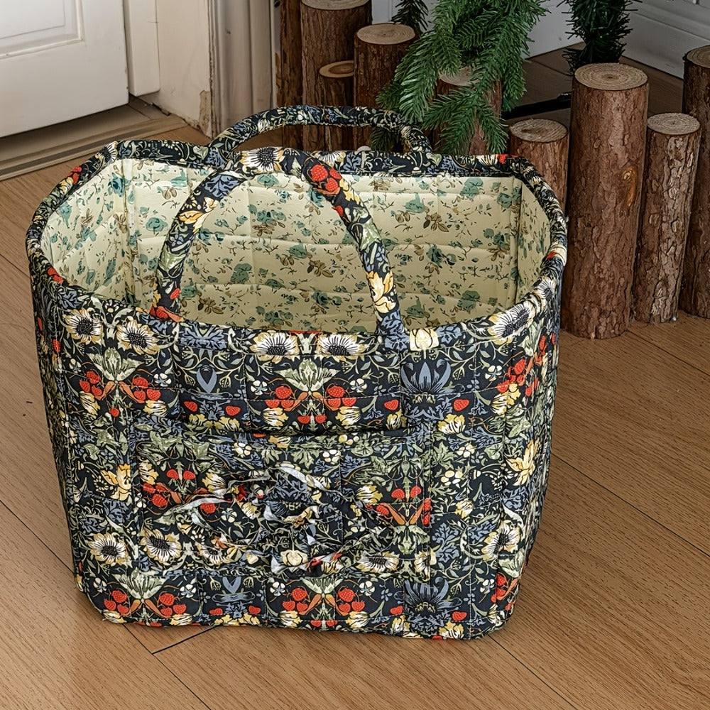 Quilted Floral Carry Storage Basket, Approximately 32 x 26 x 25cm with Two Padded Handles and Seven Patterns