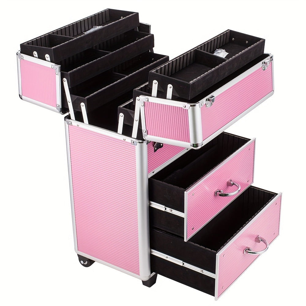 Lockable Aluminum Makeup Train Case with Extendable Trays Multi-Tier Professional Cosmetic Organizer – Portable Salon Travel Beauty Case