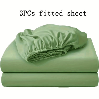 Three-Piece Solid-Color Fitted Sheet Set with Two Pillowcases, Nine Colors and Four Bed Sizes