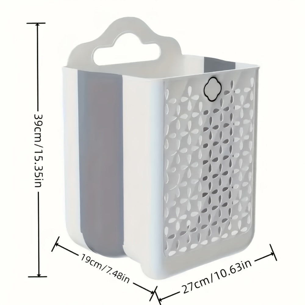White Wall-Mounted Foldable Laundry Basket with Cutout Panels, Carry Handle and 39 cm Height