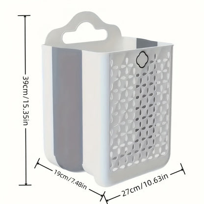 White Wall-Mounted Foldable Laundry Basket with Cutout Panels, Carry Handle and 39 cm Height