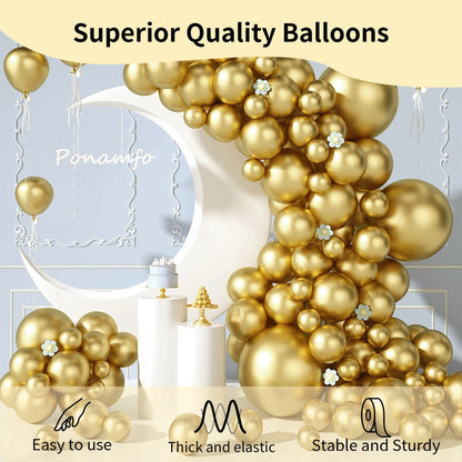 Party Decorations 130-Piece Metallic Gold Balloon Garland Kit with Four Balloon Sizes, Ribbon and Glue Dots