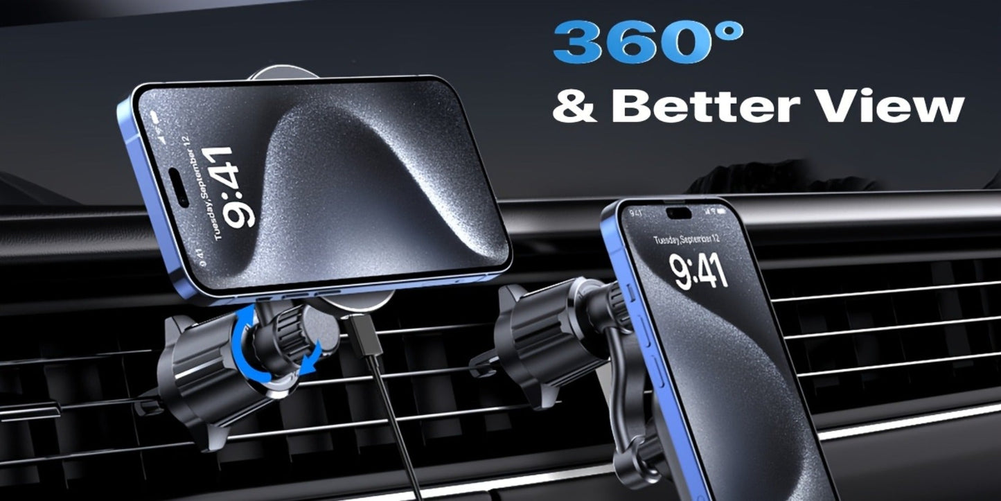 Magnetic Wireless Car Charger Phone Mount 15W Fast Charging – 360° Rotation Air Vent Car Phone Holder Compatible with iPhone 16 / 15 / 14