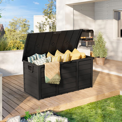 75-Gallon Outdoor Storage Box with Hinged Lid, Side Handles and Black or Gray Checkout Options