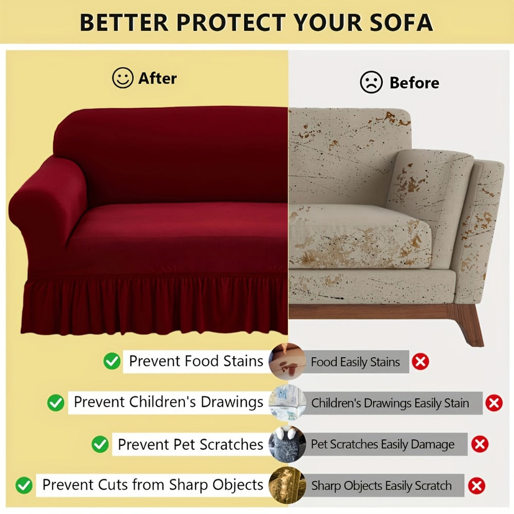 Sofa Cover Textured Skirted Full-Cover Slipcover with Elastic Stretch and Backing Detail for 3 or 4 Seats