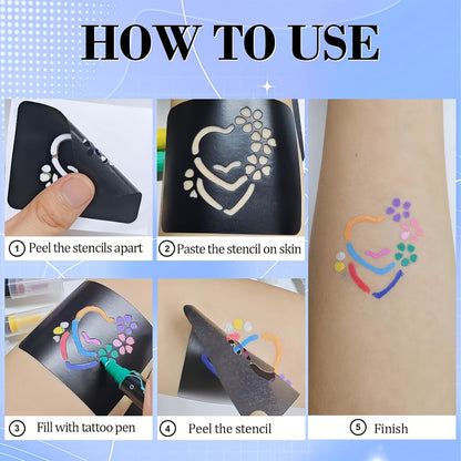 Double-Ended Tattoo Pen Set 10 Pcs with 114 Templates & Butterfly Stickers, Waterproof Sweat-Resistant DIY