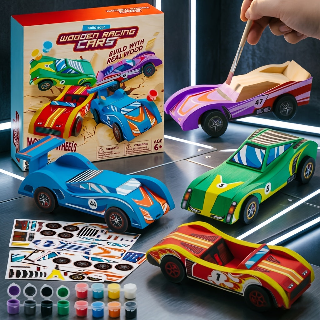 DIY Wooden Race Cars 4pcs Build & Paint Kit for Kids Ages 8+, 44 Pre-Cut Pieces 12 Colors Racing Stickers
